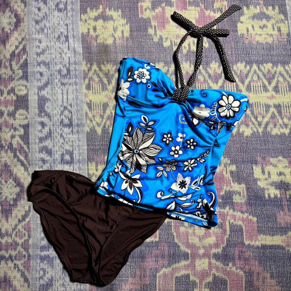 24th & Ocean Womens 2 Piece Tankini Swim Top & Bottom Floral Print in Blue Brown